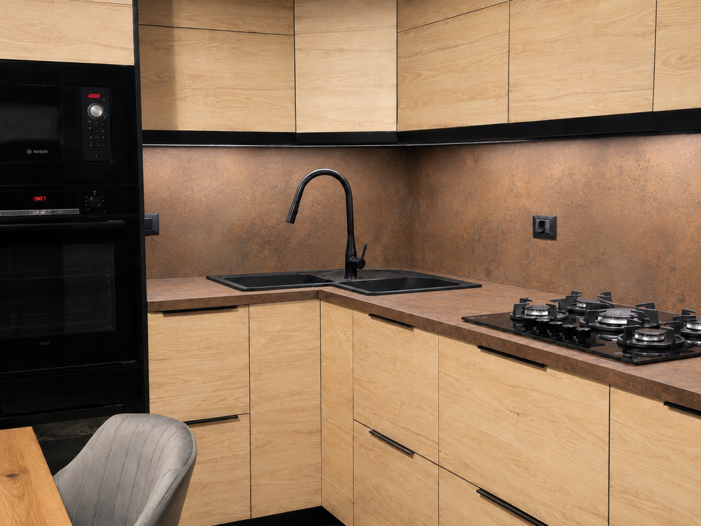 cucina in abitazione privata con top in gres effetto corten ad angolo.