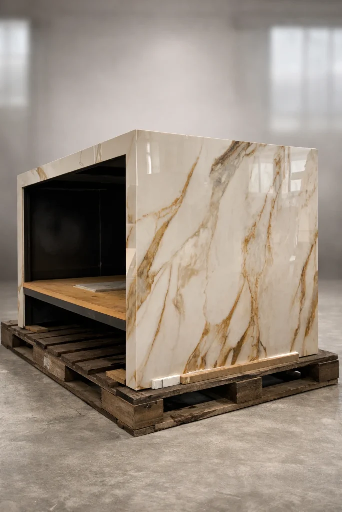 Visuale da 3/4 di un bancone in gres calacatta gold